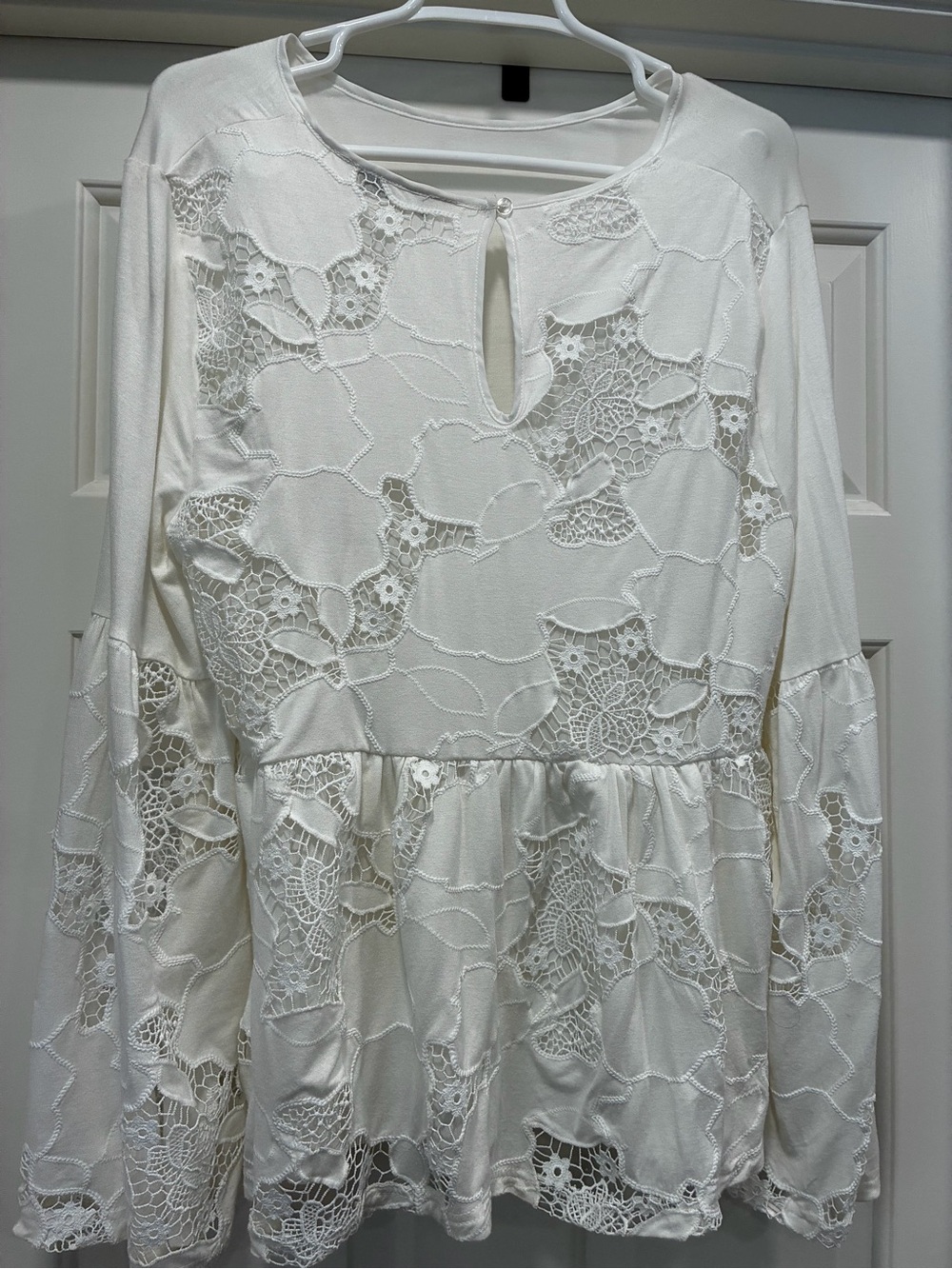 Women's White Lace Peasant Blouse with Keyhole Neck